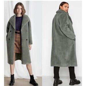 NWT! REBECCA MINKOFF Green Wool Teddy Faux Shearling Double Breasted Coat Large